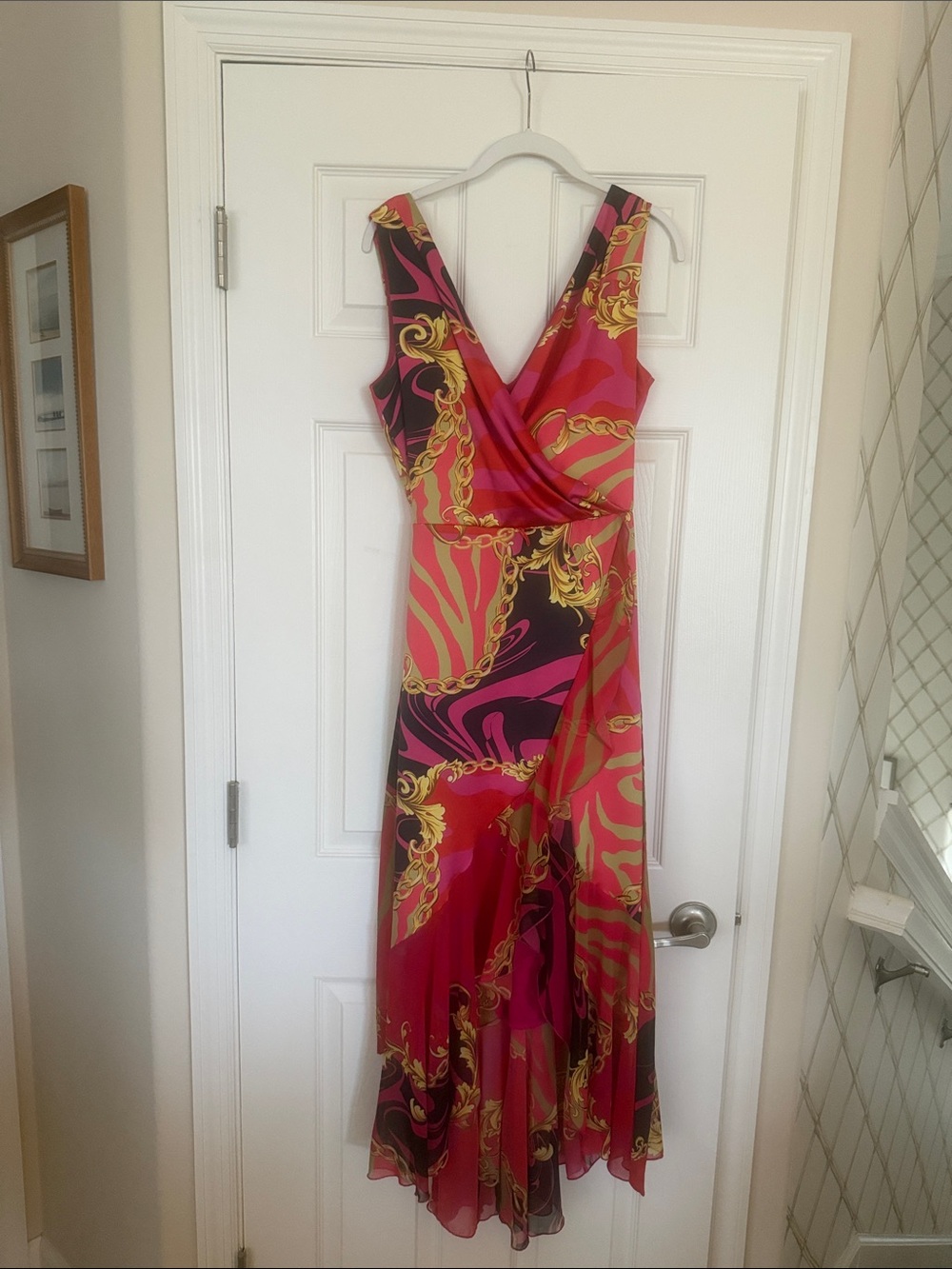 Frank Lyman Design Pink, Gold & Black Chain-Print Wrap Maxi Dress